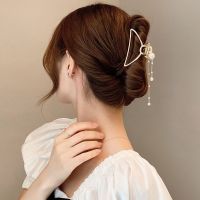 汉服女仙气古风蝴蝶流苏抓夹发夹金属女后脑勺夏季鲨鱼夹头饰发卡 扇形珍珠流苏抓夹(尺寸7.5厘米)