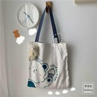 日系原宿韩版古着单肩女斜挎包韩国ins复古大容量学生上课帆布包 白色单肩冰激凌狗 无挂件