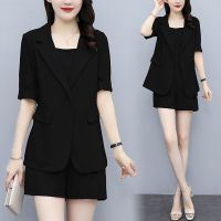 今年流行气质西装短裤三件套夏季2021新款胖MM职业风显瘦减龄套装 黑色三件套 M 建议90-105斤