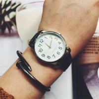 老人手表男款复古中老年人情侣手表金色大数字女表弹力带石英腕表 皮带白面男
