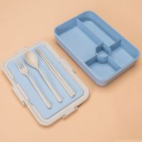 日式塑料长方形小麦秸秆饭盒分格带盖三格儿童便当盒学生保温饭盒 北欧蓝 小号三格学生款送勺筷叉
