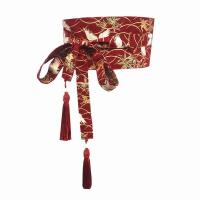原创和风日系仙鹤装饰绑带流苏棉麻系带宽腰带连衣裙束腰宽腰封女 酒红仙鹤升级款腰封 宽10厘米