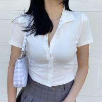 街拍复古紧身单排扣短款翻领POLO衫显高弹力短袖露脐纽扣T恤 白色 S
