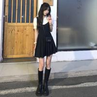 polo领假两件收腰连衣裙女2021年夏绑带显瘦小个子减龄短款百褶裙 黑白色假两件 [收藏关注优先发货] XS