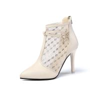 紅綪娗春季新款高跟鞋女夏细跟透气网面镂空真皮凉靴网纱包头凉鞋 米白色 9厘米 34