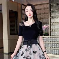 2021夏女神范时尚套装弹力修身T上衣+绑带高腰蝴蝶半身裙两件套装 黑色斜肩显瘦t恤上衣 S 95斤以下