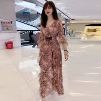 雪纺碎花连衣裙2021新款夏季女装V领飞飞袖松紧腰绑带收腰长裙子 花色 L 建议90-110斤