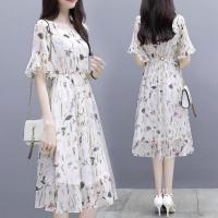 雪纺连衣裙2021新款夏季气质显瘦印花仙女a字中长款收腰碎花裙子 白色 S建议85斤以下
