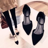 名媛2021秋季新款磨砂粗跟高跟交叉绑带中跟时尚单鞋包头凉鞋女鞋 黑色低跟 35