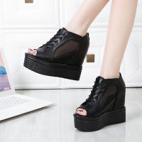 夏季系带内增高坡跟厚底鱼嘴凉鞋防水台高跟百搭松糕底罗马鞋女鞋 黑色 36