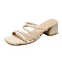 韩版夏季新款仙女风凉拖鞋女方头粗跟中跟温柔高跟鞋一字带女凉鞋 杏色 标准码号 34