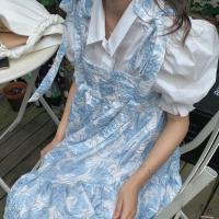 韩风ins减龄可爱泡泡袖白衬衫+宽松百搭系带提花蓬蓬吊带裙套装女 白色衬衣 S