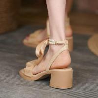 凉鞋女夏季2021年新款水晶花朵珍珠粗跟系带绑带百搭仙女风高跟鞋 杏色基础版 质量保证 39