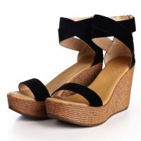 凉鞋女坡跟绑带新款黑色百搭松糕高跟ins潮超火厚底防水台女凉鞋 黑色 43