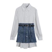 2021夏港味条纹衬衣裙套装裙百搭春夏牛仔半身裙子显瘦两件套裙 白色衬衣 S 85-110