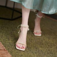 小众仙女风配裙子高跟鞋珍珠绑带凉鞋女粗跟2021夏透明一字带水晶 米白色 35 标准码