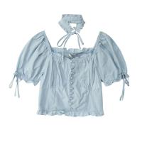 小众复古褶皱设计感衬衫女2021夏季新款短袖上衣潮ins木耳边衬衫 浅蓝色(送脖围) S