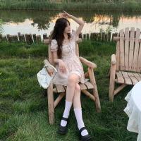 JMSHOP 初恋物语 方领裙子女设计感绑带短袖桔梗裙碎花白色连衣裙 玫瑰花园 S 100以下