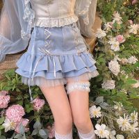 辣妹短裙夏季日系高腰百搭绑带荷叶边半身裙女蓬蓬网纱蛋糕裙少女[10天内发货] 蓝色 S