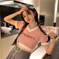 韩版设计感辣妹短袖T恤女装夏季小众V领绑带露脐短款ins上衣潮 图片色 S 70斤-90斤