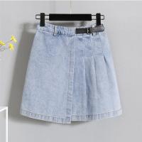 高腰牛仔短裤女2021夏季新款韩版大码侧褶皱绑带显瘦阔腿a字热裤 蓝色[8926#] M [建议95-105斤]