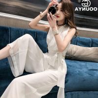 小众设计感高腰阔腿裤套装2021流行新款气质系带露肩上衣两件套女 白色无袖款套装 S