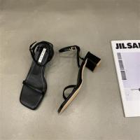 性感一字扣带凉鞋2021新款夏季百搭高跟鞋粗跟黑色时装女鞋仙女风 黑色 35