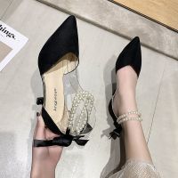 2021春夏甜粉高跟鞋裸色珍珠细跟性感仙女风绒面尖头绑带包头凉鞋 黑色珍珠款 5厘米 35