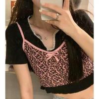 2021夏季新款小豹纹吊带背心内搭外穿蕾丝刺绣V领短袖T恤辣妹上衣 粉色吊带 S