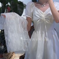 方领连衣裙女2021夏季新款法式复古收腰小白裙气质显瘦设计感裙子 白色单件网纱裙 [收藏店铺优先发货] S [建议100