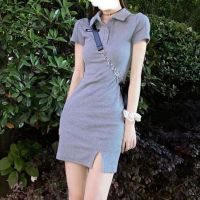 polo领连衣裙女2021夏季新款性感开衩包臀裙显瘦收腰短裙温柔裙子 灰色 【优质面料】 XL 建议120-130斤