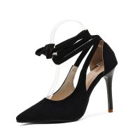 高跟鞋女10CM细跟2021新款气质女神交叉绑带黑色绒面尖头单鞋女潮 黑色 34