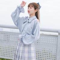 法式小众上衣学生上衣设计感小众露肩衬衫2021早春新款JK衬衣女潮 蓝色 衬衫+蓝色蝴蝶结 XS 建议65-80斤
