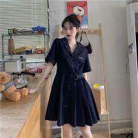 法式设计感小众学院风连衣裙2021夏季新款气质小个子西装领百褶裙 藏青色 [收藏关注店铺送小礼物] S [70-95]