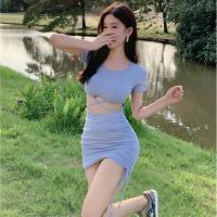 心机露腰抽绳系带褶皱包臀裙女夏季新款收腰显瘦性感短袖连衣裙子 蓝色 S