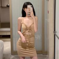 性感低胸抽绳绑带小心机露腰修身显瘦包臀短裙吊带无袖打底连衣裙 卡其色 S