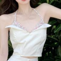 2021夏季新款小碎花拼接V领小吊带高腰显瘦绑带短裤两件套套装女 吊带上衣 S