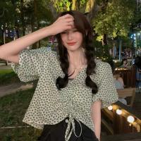 甜辣风炸街V领泡泡袖衬衫2021新款抽绳小心机短款上衣小众女短袖 绿色 XXXS 60斤以下