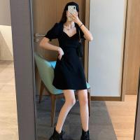 设计感小众法式连衣裙女2021夏季新款露腰裙子泡泡袖赫本风小黑裙 002#黑色[腰部没镂空款式不同] S [85-100