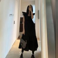 2021夏新款飞飞袖显瘦收腰方领中长款小心机露背系带黑色连衣裙女 黑色 S