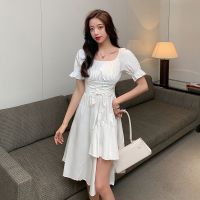 白色不规则设计感小众连衣裙赫本风心机裙子短袖方领泡泡袖女夏季 白色 S