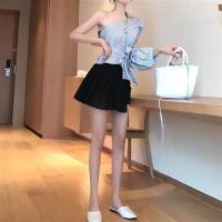 港味chic心机露肩系带斜肩显瘦条纹七分袖衬衫+百褶高腰显瘦裙裤 百褶黑色裙裤 均码