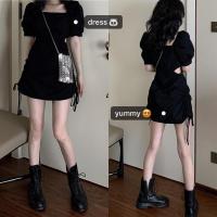 鬼马少女暗黑系Chic韩系系带辣妹方领抽绳露腰小心机连衣裙 白色 S