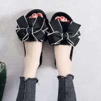 2020秋冬保暖蝴蝶结毛绒绒可爱简约家居拖鞋女露趾可外穿毛毛 黑色缎面蝴蝶结 露趾S码(35-36)