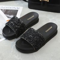 2021新款春夏季套脚水钻厚底时尚潮流成年凉鞋女平跟一字带凉拖鞋 黑色 36