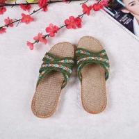 拖鞋女夏季家居家亚麻情侣室内凉拖鞋棉麻无声木地板日式亚麻拖 绿色 亚麻绿花交叉 270(40-41)
