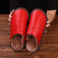 真皮棉拖鞋冬季居家室内保暖男女士情侣防滑地板厚底牛皮家居拖鞋 大红色 25(35-36码)