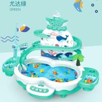 儿童钓鱼玩具套装1电动小猫鱼池磁性2宝宝益智智力3-6岁女孩男孩 [滑道尤达绿]2竿+20鱼+3海豚