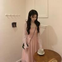 闪闪亮片竖条纹网纱仙女裙2021春夏新品超仙气质褶皱中长款连衣裙 粉红色 均码