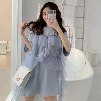 大码洋气花边拼网纱显瘦仙女裙法式超仙钉珠亮片港风休闲连衣裙潮 4320#蓝色 M [85斤-105斤]